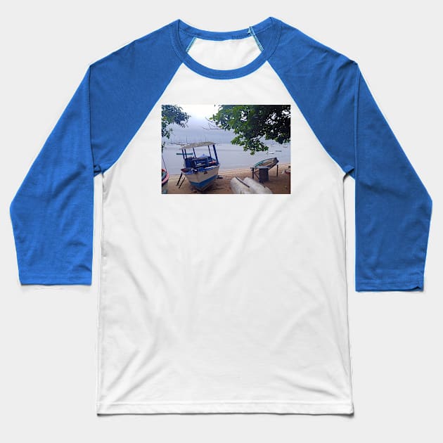 Boats stopped at the beach on a rainy day Baseball T-Shirt by DiegoCarvalho